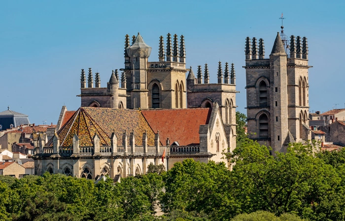 Cathédrale Saint-Pierre de Montpellier avec ses imposantes tours gothiques et son toit coloré